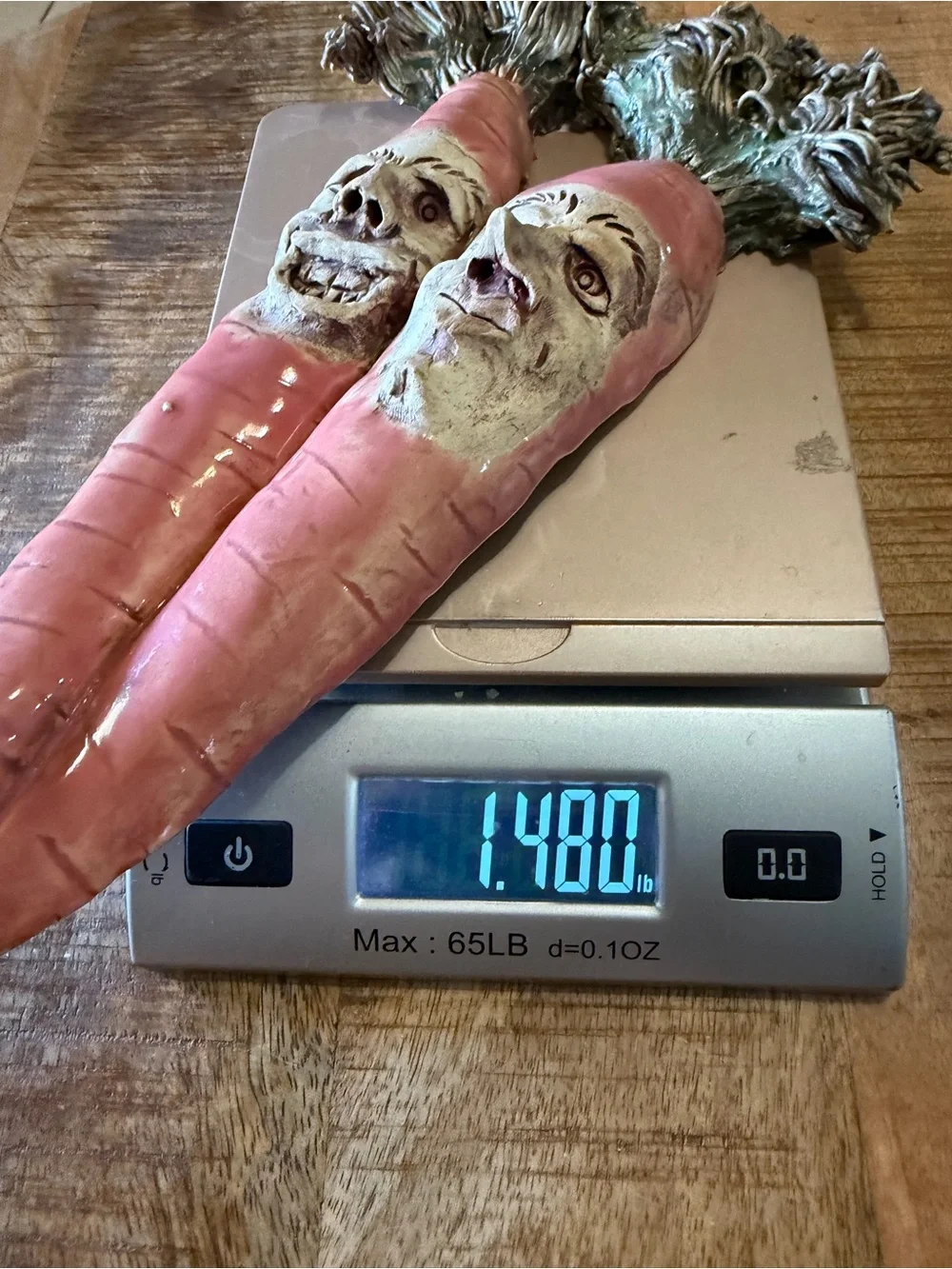 2 Face Anthropomorphic 3D Carrots Signed Clay Pottery Vintage 2000, 12.5”x5” EUC